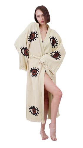 Handmade Brown Evil Eye Boho Festival Kimono Beachwear Cover Up Robe Spa Robe, Beige