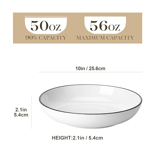 Image of MALACASA 10 inch Large Pasta Bowls, 56 OZ White Salad Bowls Soup Bowls, Porcelain Serving Bowls Set of 4, Ivory White & Black Rim, Microwave & Dishwasher Safe, Series REGULAR