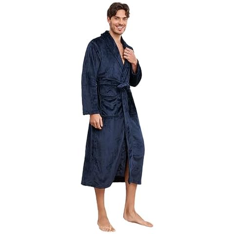 RONGTAI Mens Plush Long Robe Soft and Warm Full Length Bathrobe (Navy Blue, S) Cover
