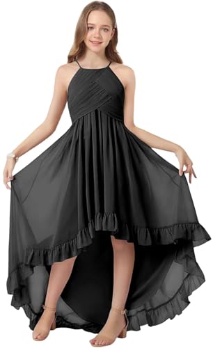 Chiffon Junior Bridesmaid Dress Halter Flower Girl Flowy Dresses with Ruffles Asymmetrical A Line Wedding Party Gown
