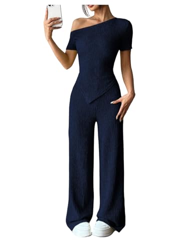 Verdusa Women's 2 Piece Outfits Textured Asymmetrical Off Shoulder Tops with Pants Lounge Sets Dark Blue Small