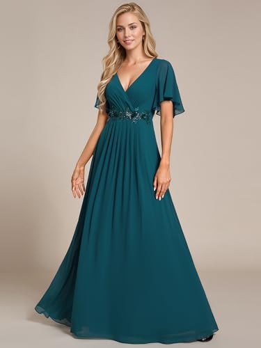 Image of Ever-Pretty Women's Spring Short Sleeve Bridesmaid Dresses V-Neck Chiffon Ruched Empire Waist Appliques Long Formal Dress