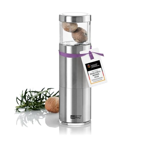 AdHoc Muskatmühle, Design Muskatreibe für ganze Muskatnüsse in Silber