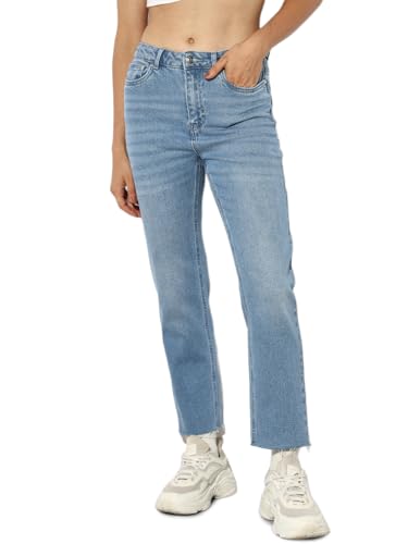 Image of ONLY Women's Straight Fit High Rise Faded Jeans | Mom Jeans for Women
