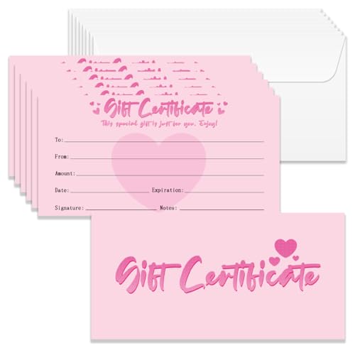 40 Certificats cadeaux vierges avec enveloppes 17x8.5 cm à motif cœur rose