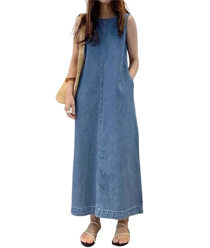 Retro Denim Jumper Dress for Women Sleeveless Crewneck Maxi Long