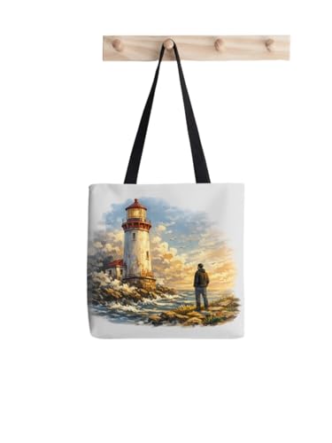 Sac fourre-tout Phare côtier imprimé vagues déferlantes en toile de coton