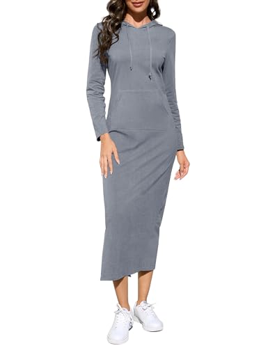 BeautyNee Vestido largo casual de manga larga con abertura lateral para mujer, vestido largo con capucha y bolsillos, Gris, XXL