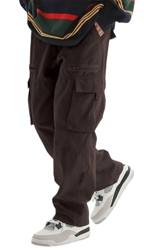 OLIPHEE Pantalones Cargo Hombre Pantalones de Trabajo Hombre Pantalón con Cordón y Bolsillos Pantalón Cintura Elástica Casual Deportivo Streetwear Marrón XXL