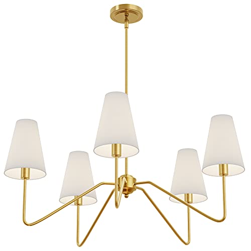 Electro-bp30-Dia-5-Arm-Classic-Chandeliers-Polished-Gold-with-White-Linen-ShadesCeiling-Light-Fixture-for-Dining-RoomLiving-RoomEntrywayE12200W