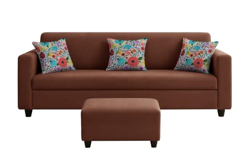 Image of Rosebell 3 Seater Sofa with Ottoman | Living Room Couch | with Printed Cushions | Sofa for Home, Apartment & Office-Brown Color