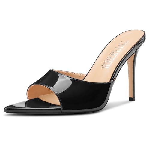 Image of TNYNFBEB Womens Stiletto High Peep Open Pointed Toe Sandals Mules Shoes Slip-on Slingback Office Party Dress Patent Leather Summer 3.9 Inches Heels