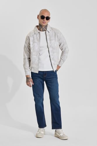 Image of SNITCH Men Casual Jacket | Regular Fit Classic Collar Full Sleeve Leaf Pattern | Cotton Blend Zippered Closure Machine Washable