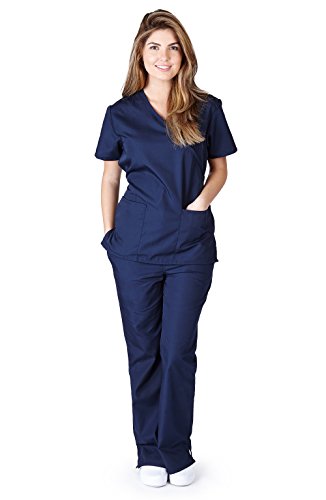 Natural Uniforms Mock Wrap Women's Medical Work Wear Top and Pants (XS, Dark Navy Blue)
