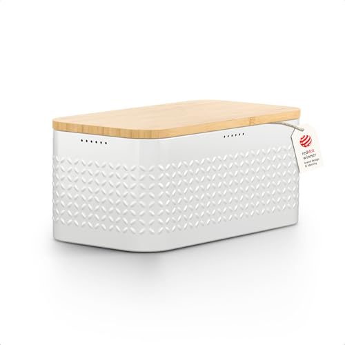 Image of LARS NYSOM Bread Box I Metal bread box for long lasting freshness with non-slip pads I Baked goods Bin with bamboo lid usable as cutting board I 13.6x7.3x6.2in (Pure White)