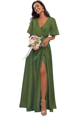 OFEECHUN Women's V Neck Satin Bridesmaid Dresses with Sleeves Slit A Line Long Formal Dress Party Gowns