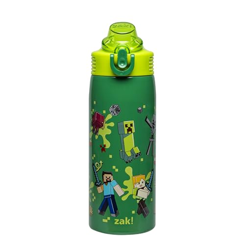 Zak Designs Minecraft Kids Water Bottle For School or Travel, 19oz Stainless Steel Water Bottle With Straw, Handle, and Leak-Proof, Pop-Up Spout Cover (Steve, Alex, Mobs)