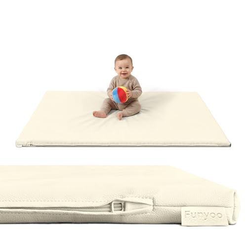 Image of Funyoo Vegan Leather Baby Play Mat, 48x48 Thicken Foam Play Mat for Infants and Toddlers, Padded & Cushioned Playpen Mat for 48x48 Playpens, 1.2" Thick, Cream