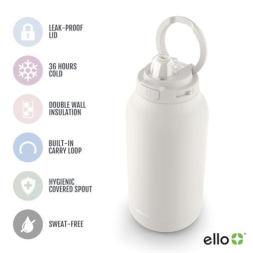 Image of Ello Hydra 64oz Stainless Steel Water Jug with Locking Leak Proof Lid | Reusable Half Gallon Vacuum Insulated Metal Bottle with Silicone Straw, Keeps Drinks Cold All Day, Cream