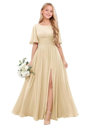 Clothfun Chiffon Scoop Neck Junior Bridesmaid Dresses Flutter Sleeve Flower Girl Dress for Wedding CY2553