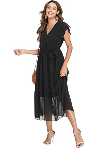 Image of VintageClothing Womens Sundress Casual Floral Summer Boho Dress | Flowy Wrap V Neck Ruffle A-Line Pleated Hem Midi Dresses