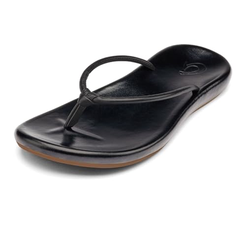 OLUKAI Huawai Women's Sandals, Full-Grain Leather Flip-Flop Slides, Stylish Design, Wet Grip Rubber & All-Day Comfort