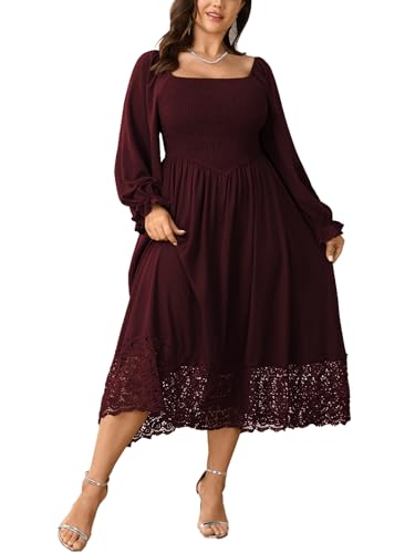 Women's Plus Size Maxi Dress Long Sleeve Square Neck Smocked Flowy A-Line Lace Trim Wedding Guest Dresses
