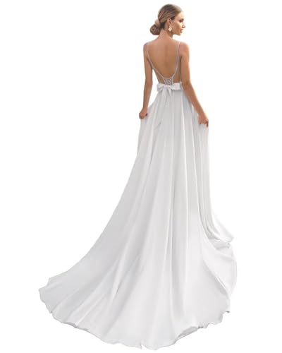 Simple Boho V-Neck Wedding Dress Spaghetti Straps A-line Satin Elopement