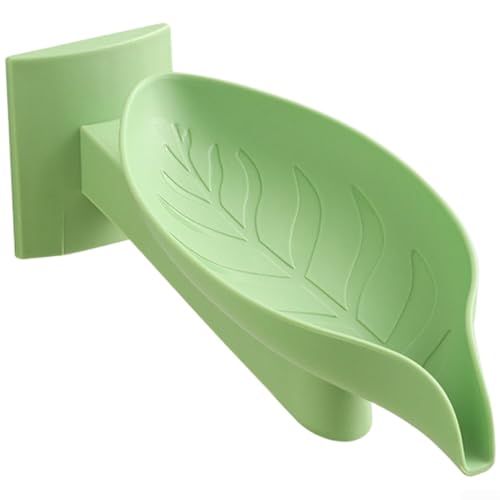 Jabonera en forma de hoja con drenaje ajustable, soporte de jabón montado en la pared sin taladros para fregadero de baño y ducha, diseño giratorio que mantiene el jabón seco, verde (S verde)