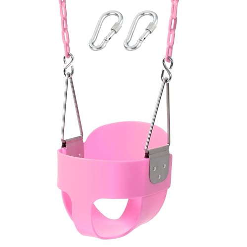 Image of Take Me Away Pink Swing Seat - Heavy Duty High Back Full Bucket Toddler Swing Seat Chain Plastic Coated Baby Swing Outdoor - Playground Swing Set Accessories Replacement
