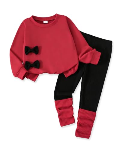 AuralBabe Kids Girl Outfits Size 5-6T Child Fall Winter Clothes Red Bow Sweatshirt Ribbed Sost Leggings Set Stylish Long Sleeve Top Elastic Waist Pants Perfect for Travel Photo Shoot Casual Wearing