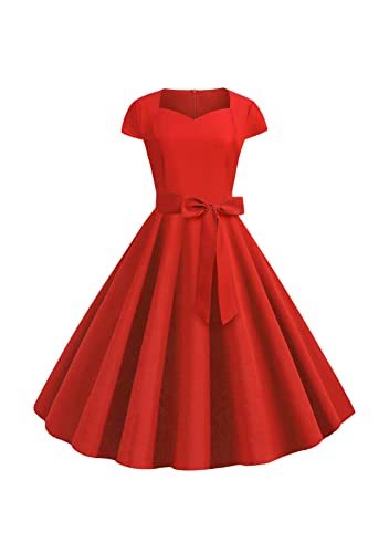 Yming Damen Rockabilly Cocktail Tea Party Kleid Elegantes Vintage Abendkleid Kurzärmeliges Kleid Audrey Hepburn Skaterkleid Rot L