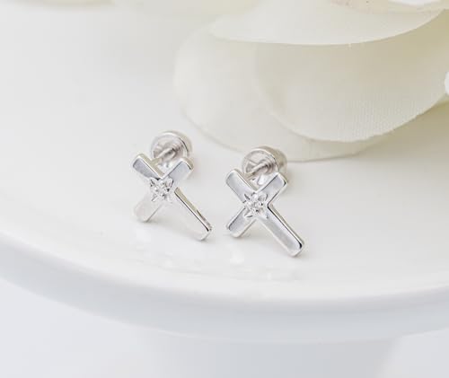 Cherished Moments Sterling Silver First Communion, Baptism or Christening Cross Earrings with Diamond Accent (Screw Backs)3