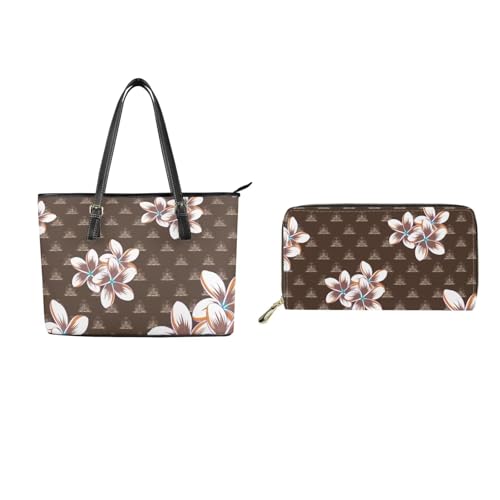 2Pcs Polynesian Print Tote Bag Sets for Women PU Leather Large Capacity Handbags with Zipper Clutch Wallet Purses