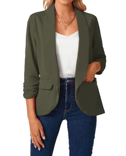 MINTLIMIT Womens Blazer 3/4 Ruched Sleeve Shawl Collar Business Work Blazers Open Front Casual Jackets with Pockets