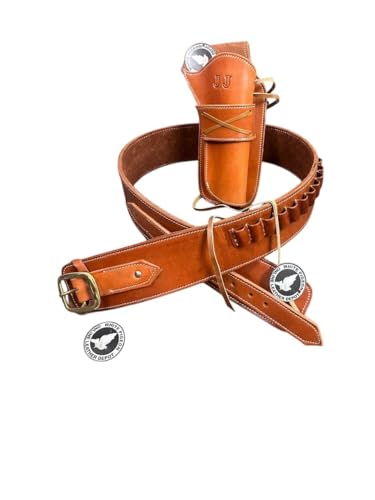 Western Leather Cartridge Belt with Ammo Loops and Hammer Strap Tie Down Revolver Holster Gun Cover .357. 38. (Brown Left Hand, Size 4 (42