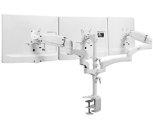 Image of VIVO 17 to 32 inch Triple Pneumatic Monitor Mount, 2 Pneumatic Arms, 1 Fixed, Adjustable Swivel, Rotation, Heavy Duty VESA Desk Stand with C-clamp, Max VESA 100x100, White, STAND-V300GW