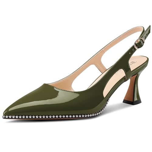Image of TNYNFBEB Womens Kitten Heel Pointed Toe Pumps Sliver Beaded Slingback Slip-on Buckle Prom Dress Basic Classic Patent Leather Summer 2.6 Inches Heels