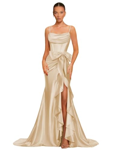 Dessiny Women’s Spaghetti Straps Satin Prom Dresses 2025 Long Corset Gown Prom Dresses Pleated Mermaid Ball Gown Formal Party Dress with Slit Champagne US2