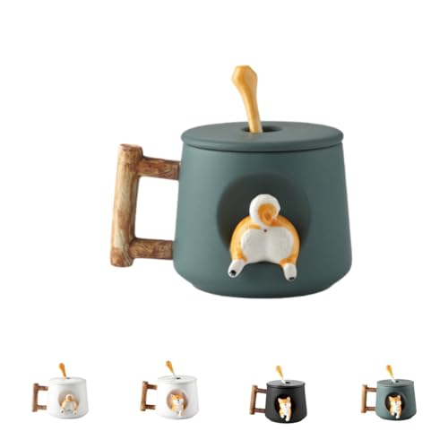 SJGEIDM 柴犬 アニマルマグ 約420ml コーヒーマグ 電子レンジ対応 食器洗い機対応 クリエイティブ スタイリッシュ かわいい アニメ風 セラミックウォーターカップ 蓋とスプーン付き (401-500ml,濃い緑の柴犬カップ(尻尾))