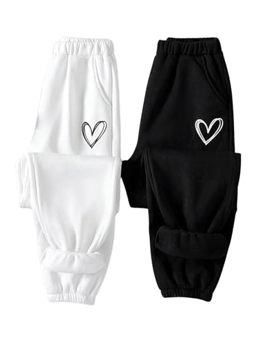 OYOANGLE Girl's Sweatpants 2 Pack Heart Graphic Print Elastic Waist Gym Athletic Jogger Pants with Pocket