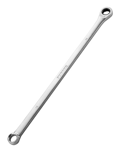 Image of toolant 14mm Extra Long Ratcheting Wrench, Offset Head Double Box-End Ratcheting Wrench, Metric, 90-Tooth and 4 Swing, with Storage Tray
