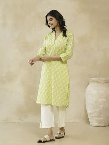 Image of GOODHAND Women Cotton Block Printed Kurta, Straight Fit Ethnic Kurti for Daily,Office & Casual Use