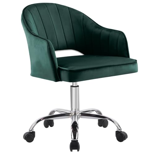 MOJAY Modern Mid-Back Tufted Velvet Office Chair, Swivel Height-Adjustable Home Desk Chair,Cute Velvet Soft Seat Vanity Chair with Rivet and Arm Support (Green2)