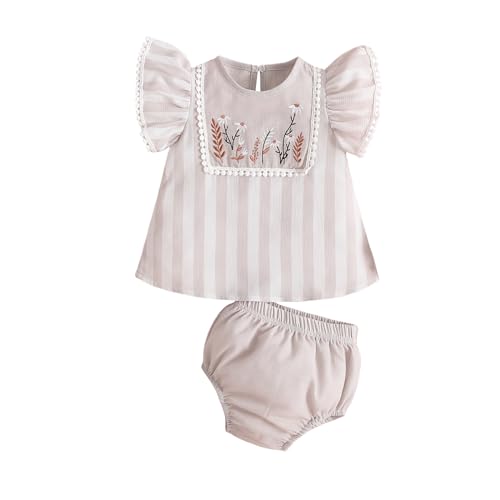 Image of MAINESAKA Newborn Baby Girl Summer Clothes Ruffle Sleeve Floral Embroidery Tops Bloomer Shorts Sets Infant Girl Cute Outfit (Khaki, 6-12 Months)
