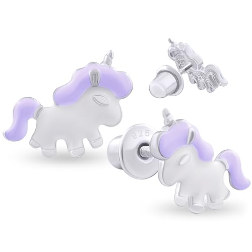 925 Sterling Silver Unicorn Purple Stud Earrings for Girls Hypoallergenic Safety Screw Back Rhodium Plated - Unicorn Purple Gifts Earrings for Baby Toddlers Little Teens Kids Earrings Jewelry