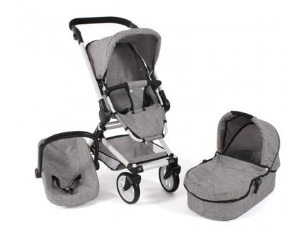 Landau Combi 3 en 1 Poussette, avec nacelle et Cosy, Gris - pour Poupee, Poupon - Pliable, poignee...