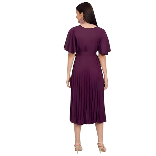 Image of KUDUZO Women's Crepe Long Pleated Below Knee Length Flutter Sleeve Round Neck S to XL Maxi Dress for Girls. (EG-U0IM-B9A1)