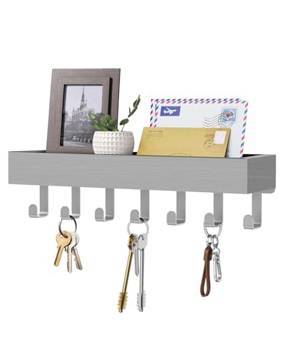 Image of Key Holder Wall Mount Magnetic Adhesive - Key Hooks Rack with shelf | Key Hanger with Mail Organizer for RV Camper Fridge Living Room Decor, Home Essentials, Large Grey
