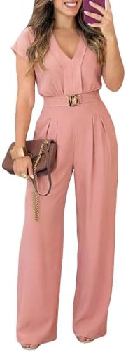 Outdoor Wedding Guest Outfit for Over 50: 21 Chic Comfortable Styles 8 Pink Queen Jumpsuits for Women Dressy V Neck Short Sleeve Wide Le...